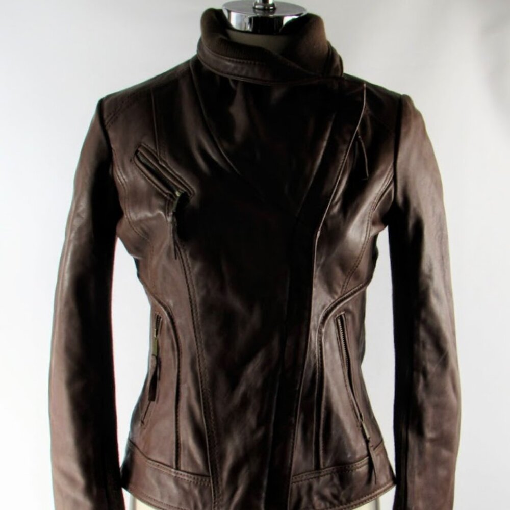 MICHAEL KORS Brown Genuine Leather Motorcycle Moto Jacket Women’s Fitted Small